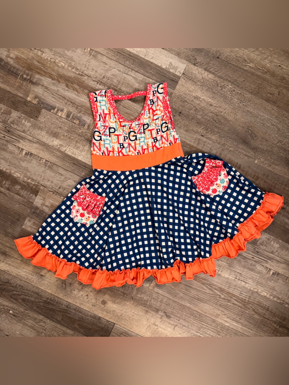 Boutique size 4T Navy Gingham & Orange Ruffle Dress with Alphabet Bodice
